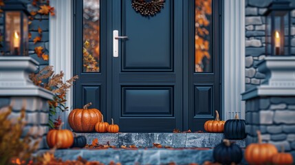 Front door of house decorated with pumpkins