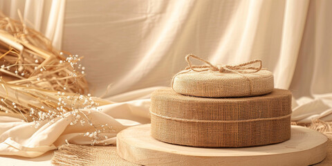 Rustic burlap product display podium on a soft beige background: Natural and textured, ideal for handmade or eco-friendly products, the burlap podium and beige background create a warm and inviting