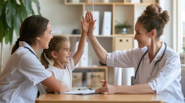 Female healthcare worker extends hand for high five with young girl patient in hospital setting