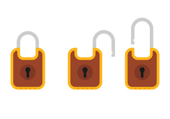 Padlock icon sign symbol flat, locked and unlocked, flat design vector illustration. Opened and closed locks isolated on white background