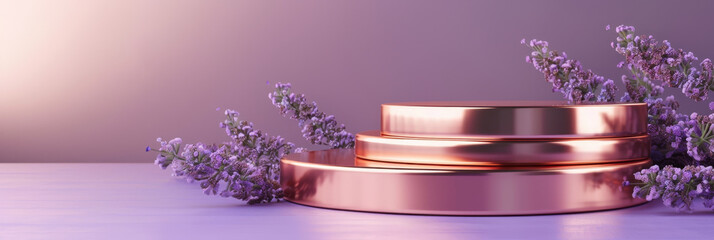 Shiny copper product display podium on a soft lavender background: Warm and luxurious, perfect for artisanal products or rustic decor, the copper podium and lavender background create a cozy and