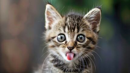 Fototapeta premium Tabby Kitten Feeding Licking Tongue at Home