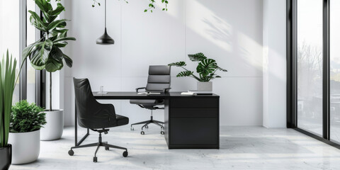 Sleek modern work cabinet with a minimalist design. White walls, black desk, ergonomic chair, and large windows. Simple decor, potted plants, and soft lighting.