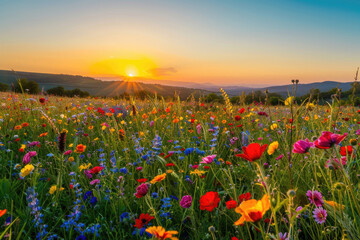 A beautiful field of wildflowers glowing under the warm hues of a setting sun