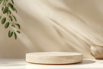 Smooth sandstone product display podium on a light olive background: Natural and serene, perfect for wellness products or organic cosmetics, the sandstone podium and olive background create a calming