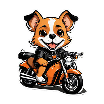 Sticker Happy cartoon dog riding chopper motorcycle in motion with transparent background