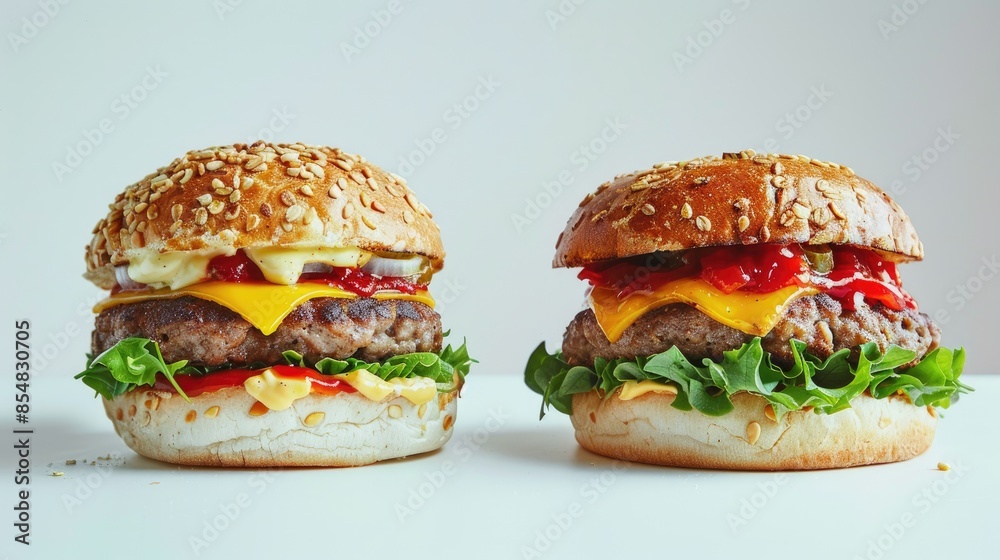 Sticker Two burgers with bread made of cereal on a plain white background