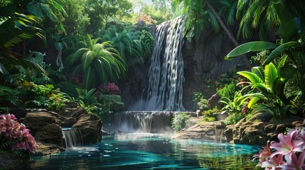 A beautiful waterfall in a lush green jungle The water is crystal clear and the sun is shining brightly creating a magical atmosphere