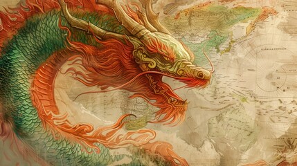 Detailed illustration of a mythical Chinese dragon, vibrant colors, intricate details, and ancient map background.