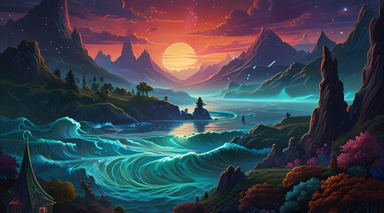 Illustrate a fantasy landscape where holographic waves flow through the air, intertwining with mythical creatures.