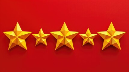 Five gold stars for excellence in ratings, symbolizing quality and outstanding achievement on a vibrant red background.