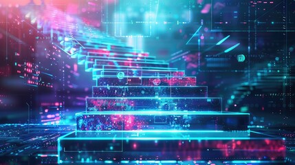 Obraz premium Futuristic neon digital staircase with glowing lights and tech elements, perfect for technology and innovation themes.