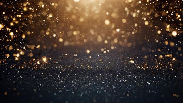 festive abstract background with gold particles shining golden sparkles, blurred bokeh, on dark blue background.