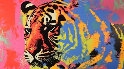 Vibrant abstract tiger painting featuring bold splashes of color and artistic brushstrokes, showcasing modern and contemporary art.