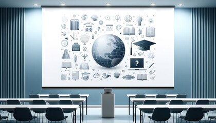 Educational design template 2 with educational subjects on screen in classroom