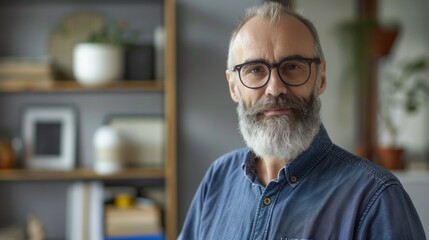 Obraz premium Indoor image of smart handsome cute bald grandfather in stylish checkered shirt with beard standing in his cabinet at home with crossed hands, looking at camera with kind warm smile