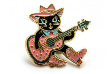 Black cat playing guitar in pink cowboy hat enamel pin