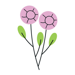 Pink, purple round flower. Stem with two pink buds and green leaves