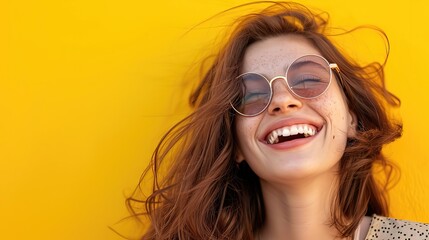 Fototapeta premium A_cheerful_young_woman_with_trendy_sunglasses_laughing