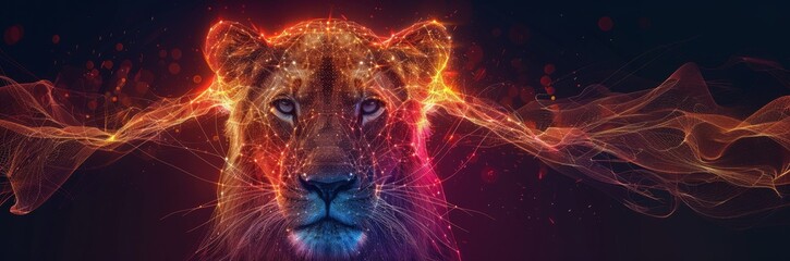 Digital Lion Portrait with Abstract Lights. A striking digital portrait of a lion, surrounded by vibrant abstract light effects, creating a mesmerizing and powerful visual. Banner with copy space
