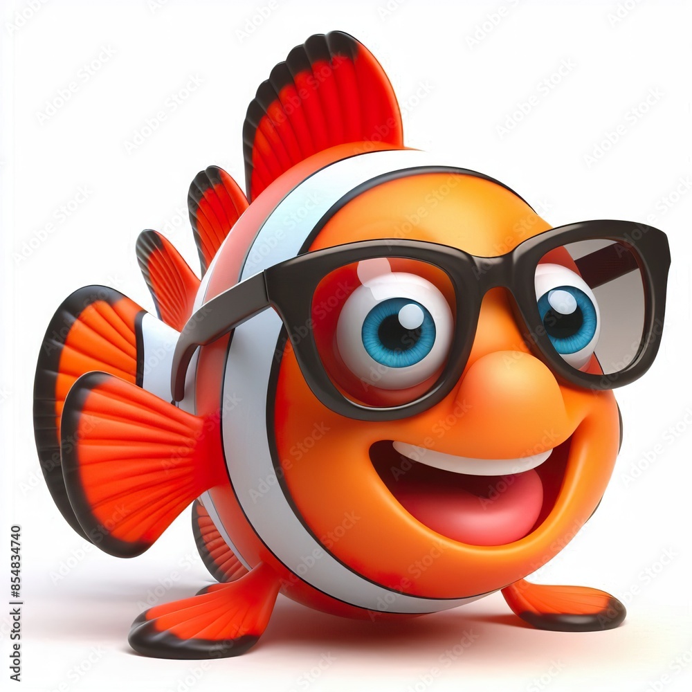 Wall mural 3D cartoon of a Happy clown fish wearing sunglasses isolated white background