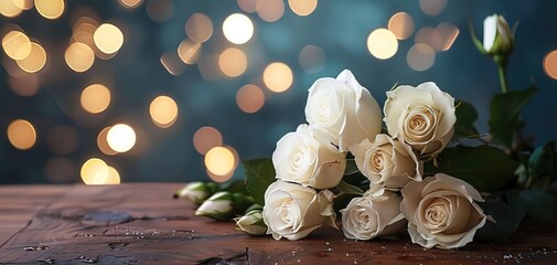 White roses dark moody romantic background Closeup flowers bouquet atop a wooden table bokeh lighting background