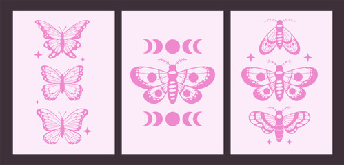 Abstract posters with magic outline butterfly in boho y2k style. Pink background with month insect and moon. Astrology aesthetics