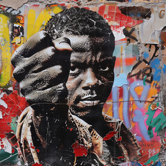 African man raising fist, rebel fighting spirit freedom, urban street art graffiti collage. Graffiti, collage of grunge newspapers and multicolored painting, illustration