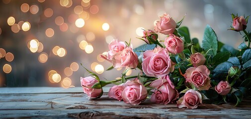 Pink roses dark moody romantic background Closeup flowers bouquet atop a wooden table bokeh lighting background