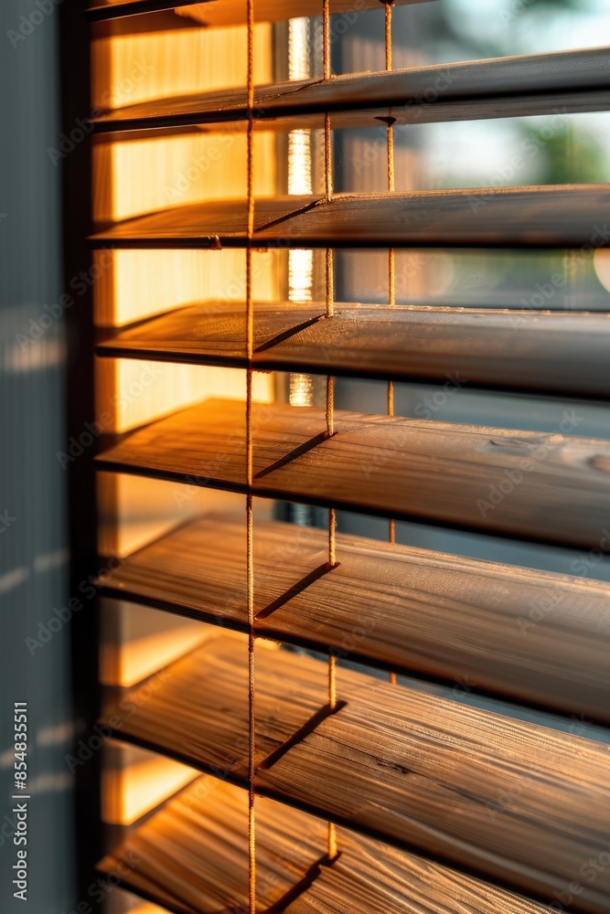 Poster a close-up view of a window with wooden blinds, great for interior design or architecture concepts
