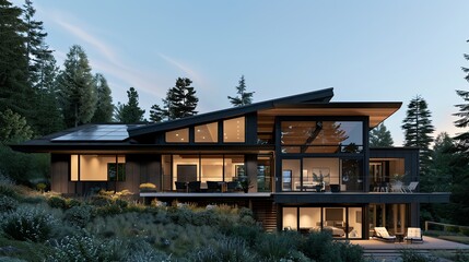 Modern luxury house with large windows and solar panels, surrounded by lush greenery and illuminated at dusk in a forested area.