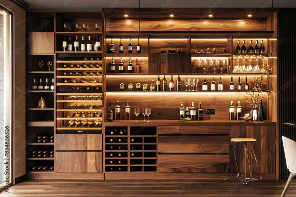 Poster A photo of a bar with many bottles of wine on display, suitable for use in articles or advertisements about wine and dining