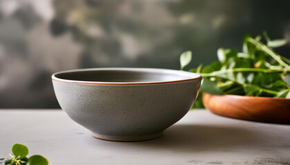 Handmade gray ceramic bowl on stone table. Handcrafted pottery. Dishware concept. Close-up.