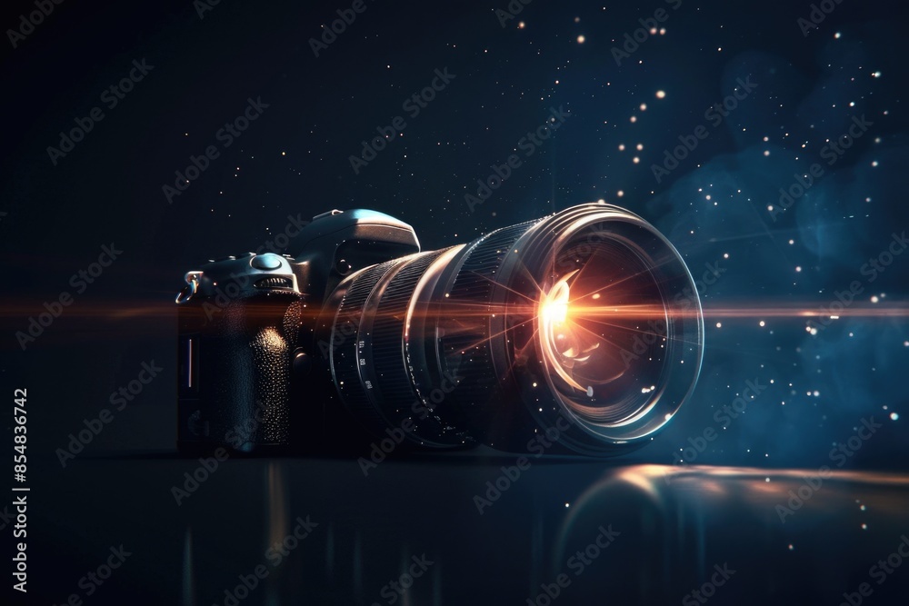Poster A camera with a flash extending from the body, suitable for use in low-light conditions or as a creative prop