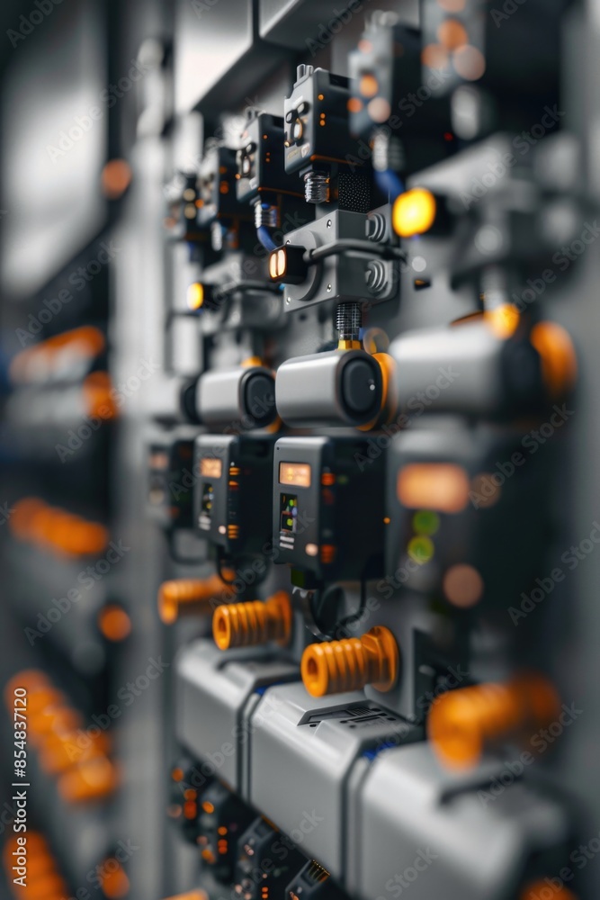 Poster A rack filled with various electronic devices such as computers, servers, and networking gear