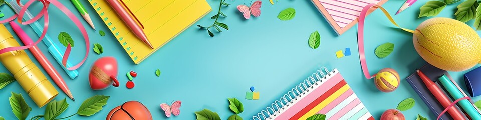 Colorful back to school banner featuring spring-themed school materials