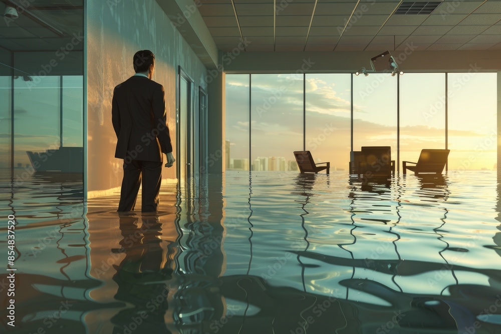Poster a person dressed in business attire is standing in an office that has been flooded with water, possi