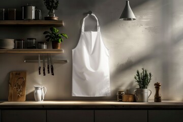 A white apron hangs on the wall of a modern kitchen