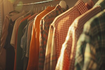 Fototapeta premium Clothing items hung on a rack, ideal for illustration or graphic use