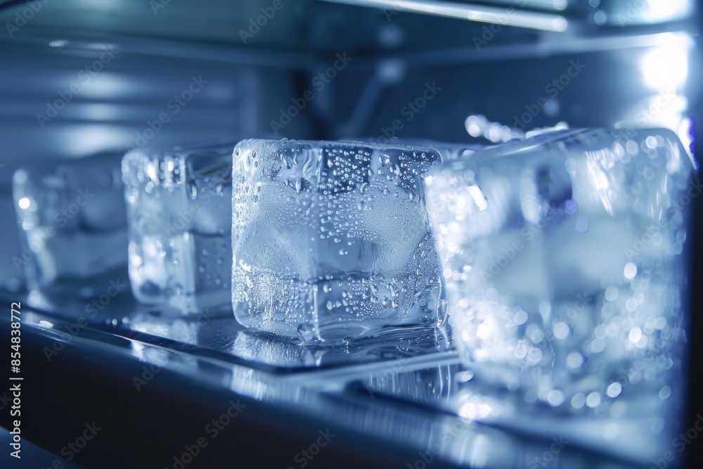 Poster A collection of ice cubes resting on the edge of a countertop, ready for use