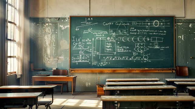 Chalkboard with math equations and diagrams in an empty classroom