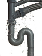 Leaking water from gray plastic pipe under sink. Drain leak water from pipe plumbing in bathroom as...