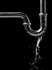 Drain leak water from pipe plumbing in bathroom as water clogged drop. Black background isolated....