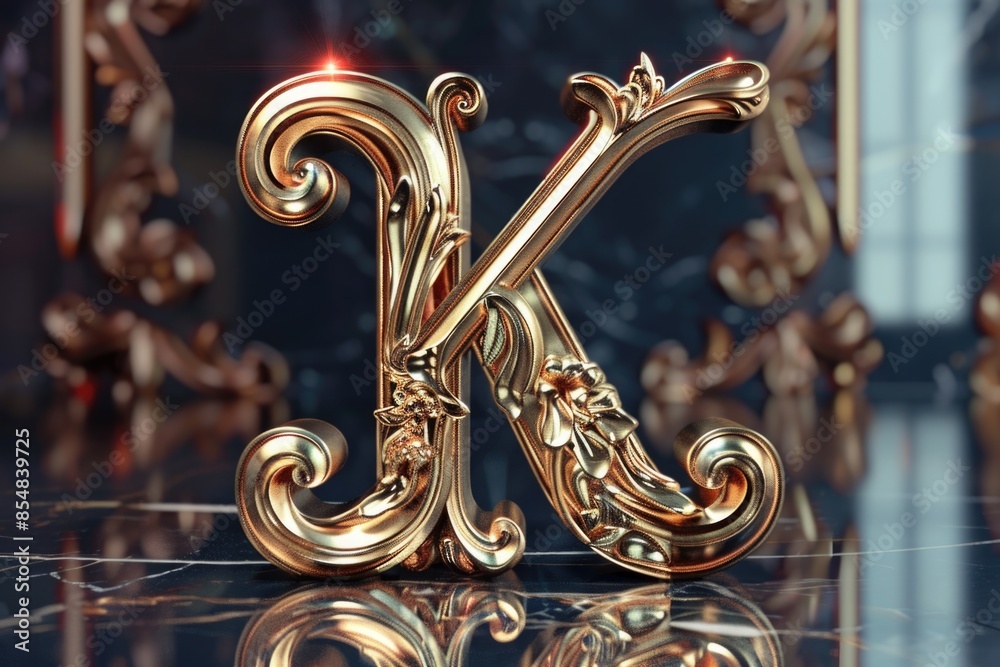 Poster a shiny surface with a golden letter k, suitable for various uses such as branding or design