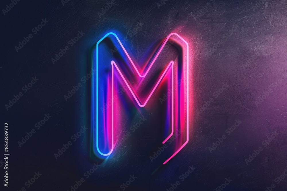 Poster A neon letter M lit up against a dark background, perfect for use in designs and projects that require a pop of color