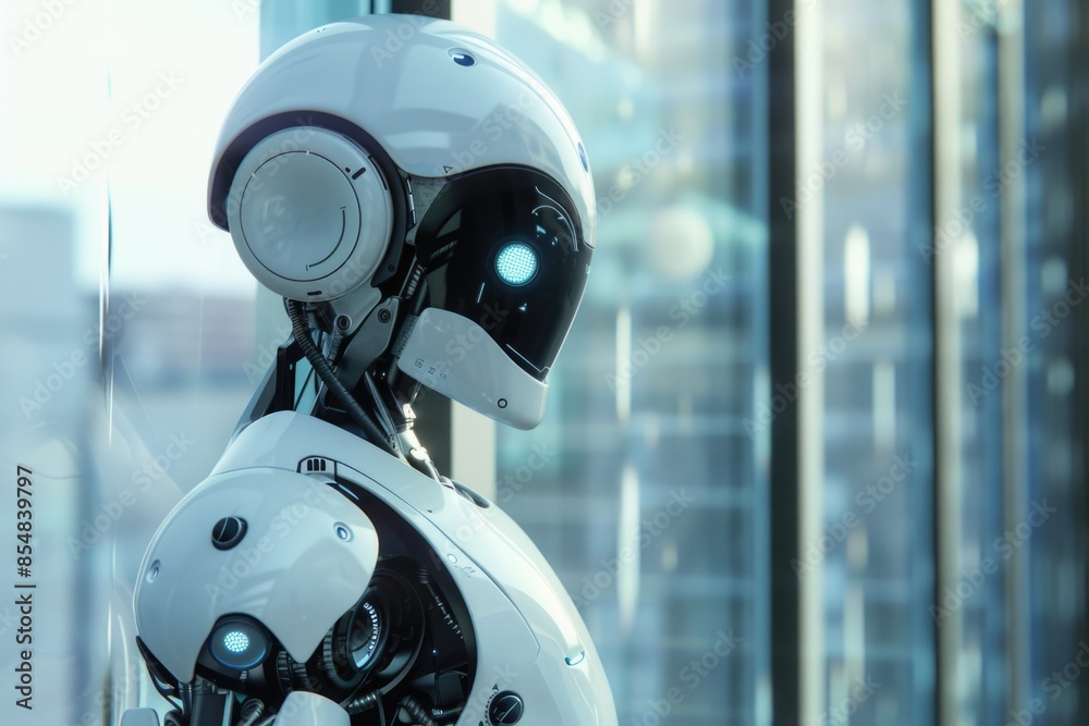 Aufkleber a robotic figure with a white body and a face painted in black and white patterns