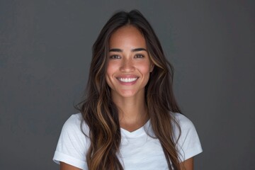 Portrait of a young latino femal smiling with long hair and white t shirt.