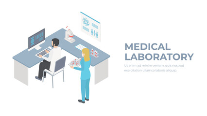 Isometric flat 3D concept vector interior of science laboratory. Medical research pharmaceutical illustration.