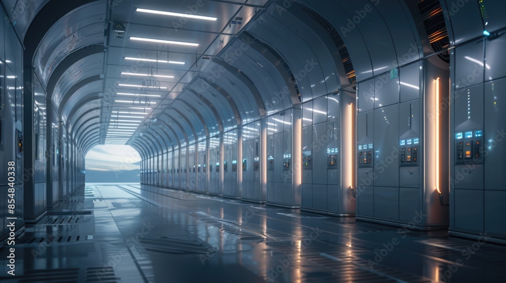 Poster A busy train station with a long tunnel lit by bright lights