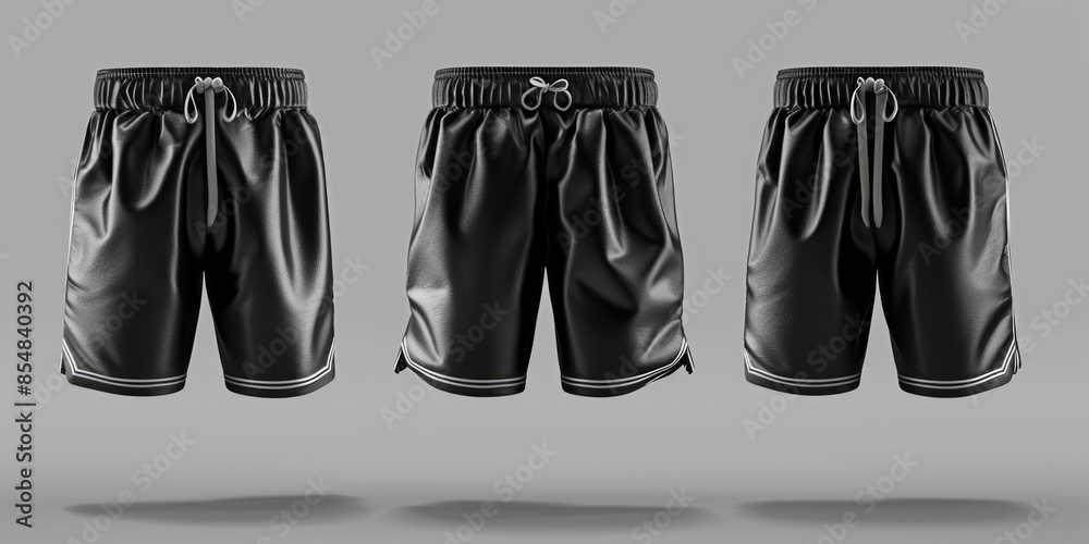Poster Close-up of two men's black leather shorts with stitching and texture visible